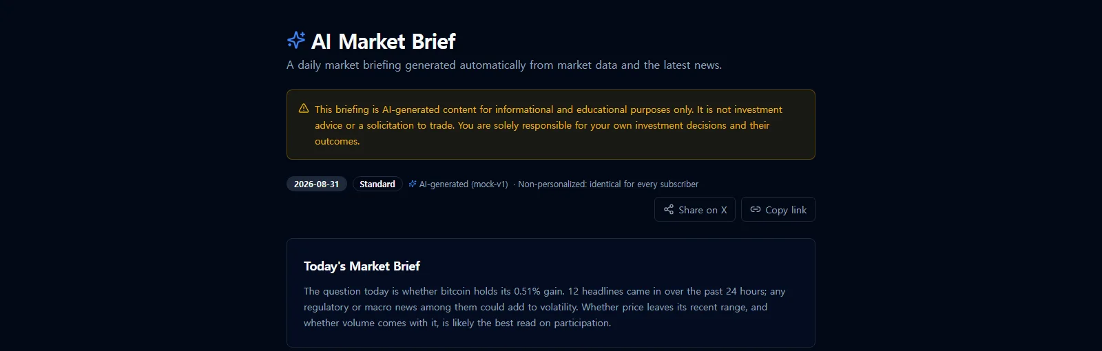 CryptoGuide AI daily brief, actual screen